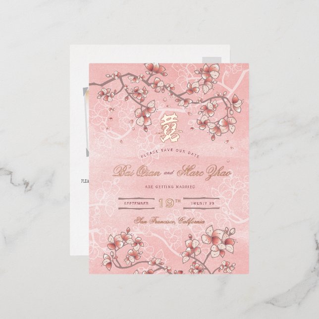 Rosa Pfirsichblüten Doppeltes Glück Save the Date Folie Einladungspostkarte (Vorderseite/Rückseite)