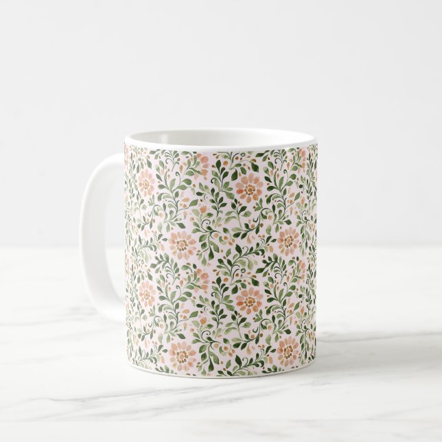 Rosa Pfirsichblüten Grüne Blätter Kaffeetasse (Vorderseite Links)