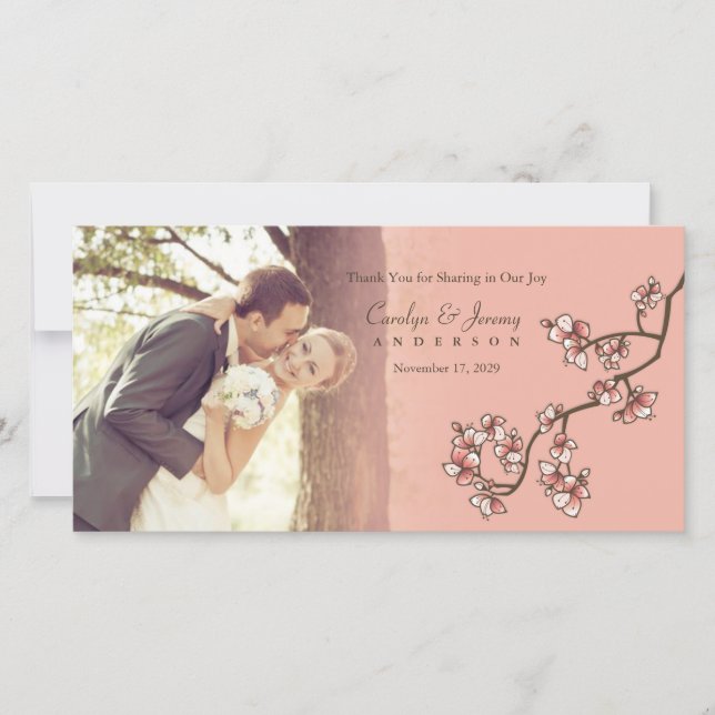 Rosa Pfirsichblüten Hochzeit danke Ihnen Fotokarte (Vorderseite)