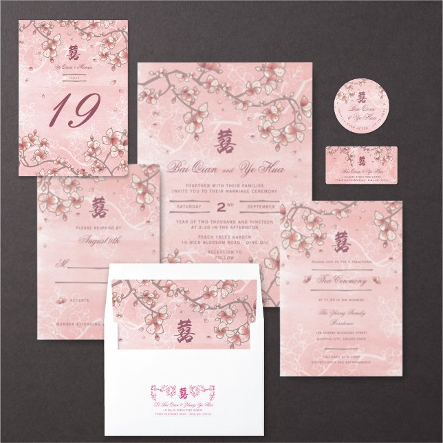 Rosa Pfirsichblüten Romantische Floralien Asiatisc RSVP Karte (ETERNAL LOVE PINK PEACH/PLUM BLOSSOMS ELEGANT FLORAL CHINESE WEDDING COLLECTION @ fatfatin_red_knot)
