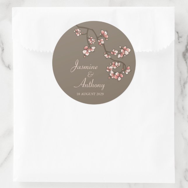 Rosa Pfirsichblüten Sakura Moderne Asiatische Hoch Runder Aufkleber (Tasche)