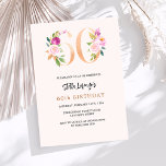 Rosa pfirsichblütige Zahl Gold 60. Geburtstag Luxu Einladung<br><div class="desc">Eine moderne,  stilvolle und glamouröse Einladung zu einer 60. Geburtstagsfeier. Ein pfirsichfarbener Hintergrund. Dekoriert mit Foralzahlen in Imitaten Gold und Rosa. Der Name ist mit einem modernen handgeschriebenen Stilskript geschrieben. Personalisieren Sie Ihre Party-Daten und fügen Sie sie hinzu.</div>