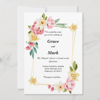 Rosa Pfirsiche und gelbe Töne laden zur Hochzeit e Einladung