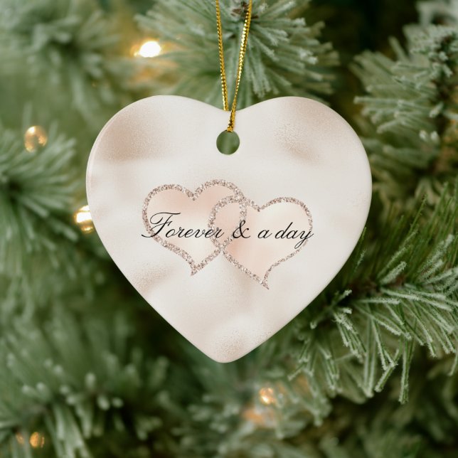 Rosa Pfirsichfarben Rose Glitz Herz Keramik Ornament (Baum)