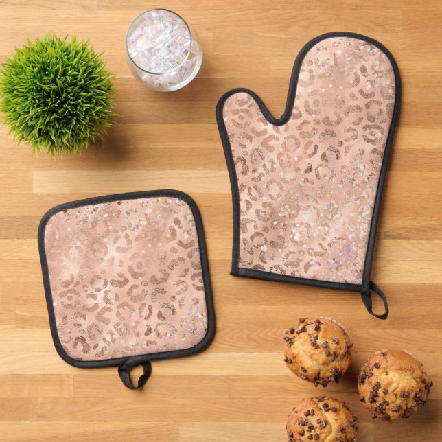 Rosa Pfirsichfarben Rose Gold Leopard Ofenhandschuh & Topflappen-Set (Oben Unten)