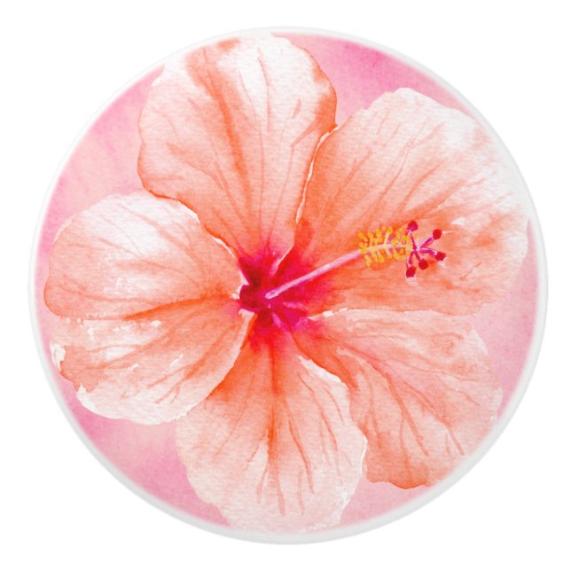 Rosa Pfirsichfarbene Hibiskus Blume Keramikknauf (Vorderseite)