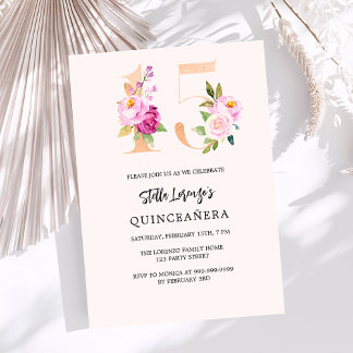 Rosa pfirsichfarbene Zahlen Gold Quinceanera Luxus Einladung