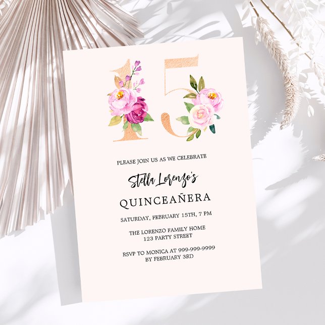 Rosa pfirsichfarbene Zahlen Gold Quinceanera Luxus Einladung (Von Creator hochgeladen)