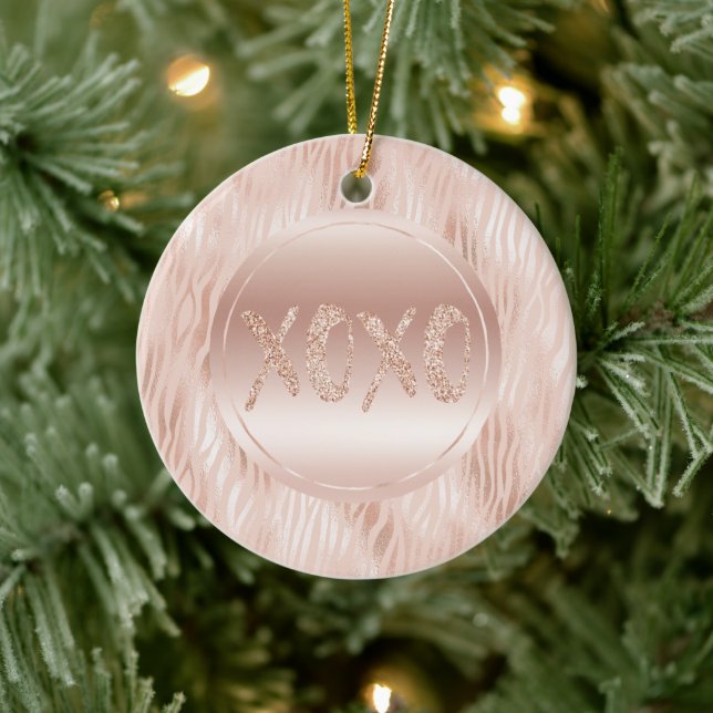 Rosa Pfirsichpink Zebra print Glitzer XOXO Keramik Ornament (Baum)