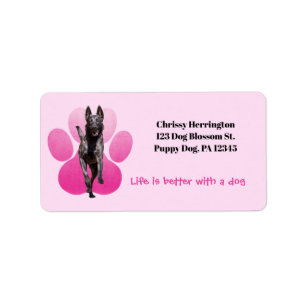 Rosa Pfotenabdruck auf Weiß / Belgischer Malinois- Adressaufkleber