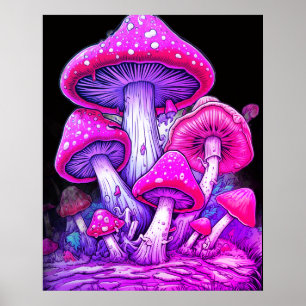 Rosa Pilze auf schwarzem Hintergrund an einer Wand Poster