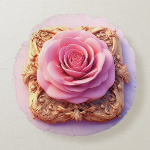 Rosa Pink mit aufwendigen goldenen Ornamentdetails Rundes Kissen