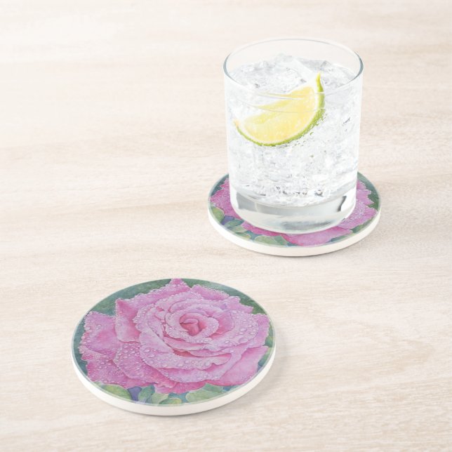 Rosa Pink mit Regentropfen  Getränkeuntersetzer (Seite)
