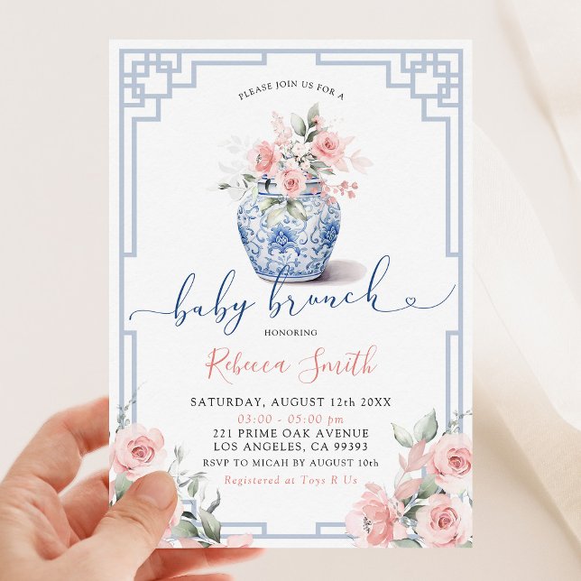 Rosa Pink Peony Blume Chinoiserie Baby Brunch Einladung (Von Creator hochgeladen)