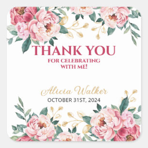 Rosa Pink Peony Blume Gold Leaf Geburtstag Quadratischer Aufkleber