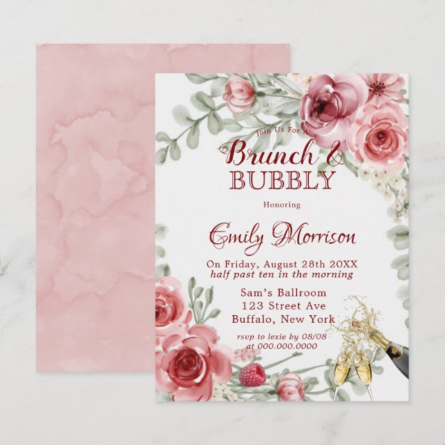 Rosa Pink Peony Champagne Brunch & Bubbly Inv Einladung (Vorne/Hinten)