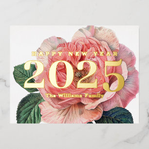 Rosa Pink Vintage-Blume Frohes Neues Jahr 2027 Gol Folien Feiertagspostkarte