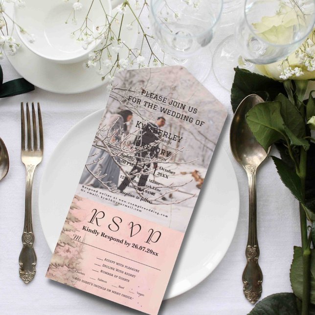 Rosa Pink Winter Schneegebiet Pine Tree Weihnachts All In One Einladung (Von Creator hochgeladen)