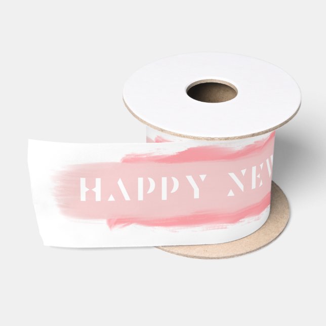 Rosa Pinselstrich Modern Happy New Year Satinband (Spule)
