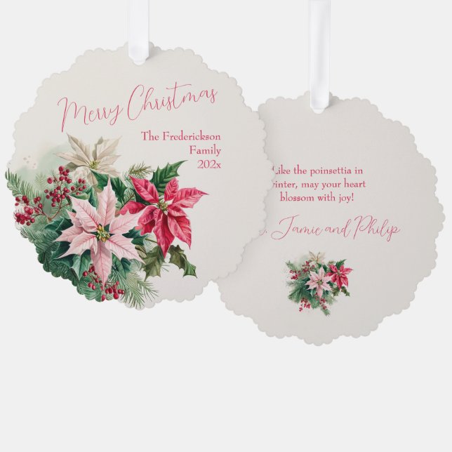 Rosa Poinsettias Elegantes Papier Ornament Karte (Vorderseite/Rückseite)