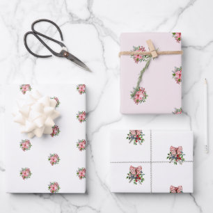 Rosa Poinsettien-Blumenstrauß Stechpalme und Beere Geschenkpapier Set