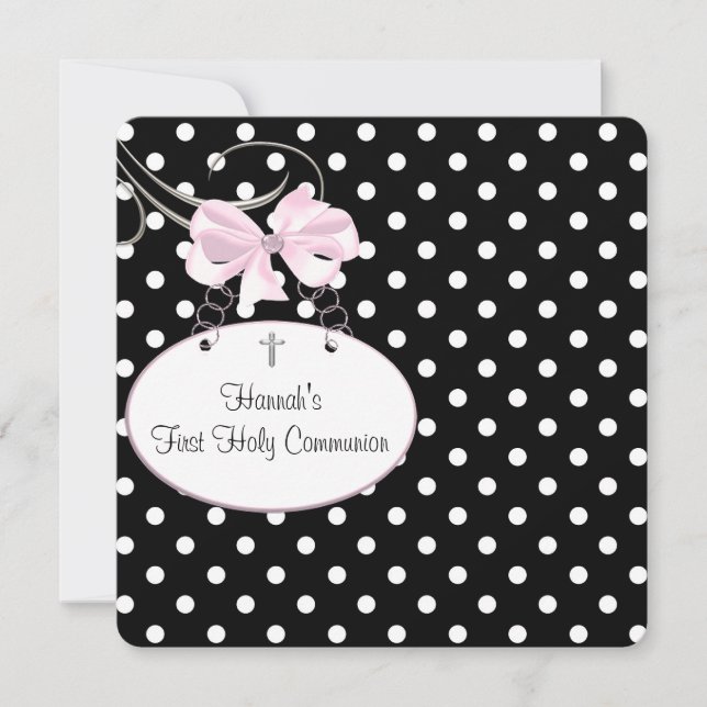 Rosa Polka Dot Cross Girls Erste Kommune Einladung (Vorderseite)