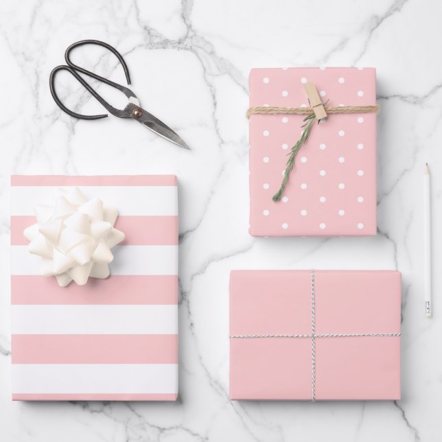 Rosa Polka Dot weich Streifen und fest Geschenkpapier Set (Vorderseite)