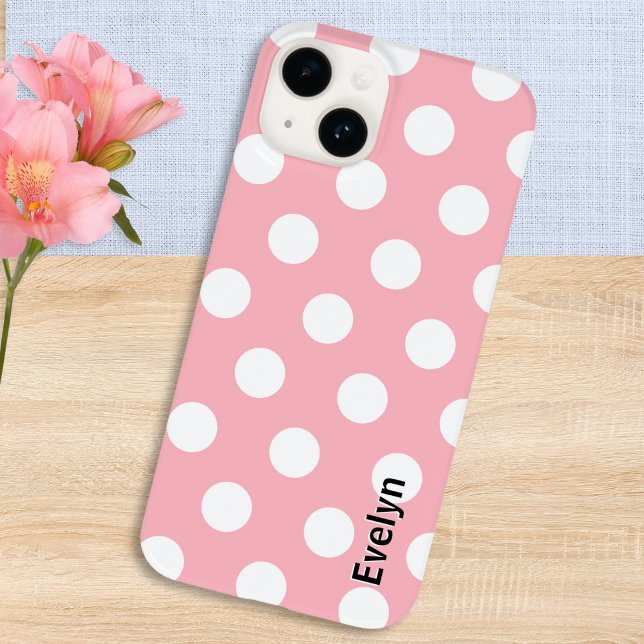 Rosa Polka Dots White Dotted Gemustert Case-Mate iPhone 14 Hülle (A pretty personalized phone case, in blush pink with white polka dots pattern)
