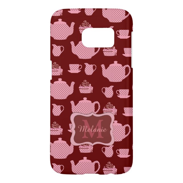 Rosa Polka-Punkt-Tee-Set auf Burgunder Case-Mate Samsung Galaxy Hülle (Rückseite)