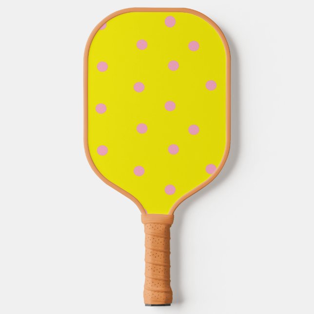 Rosa Polka-Punkte auf Gelb Pickleball Schläger (Vorderseite)
