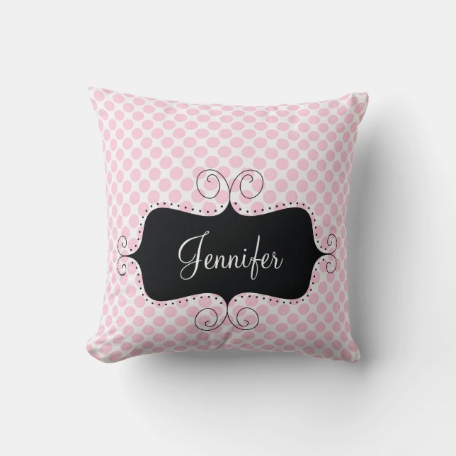 Rosa Polka-Punktechic-Girly personalisiertes Kissen (Vorderseite)