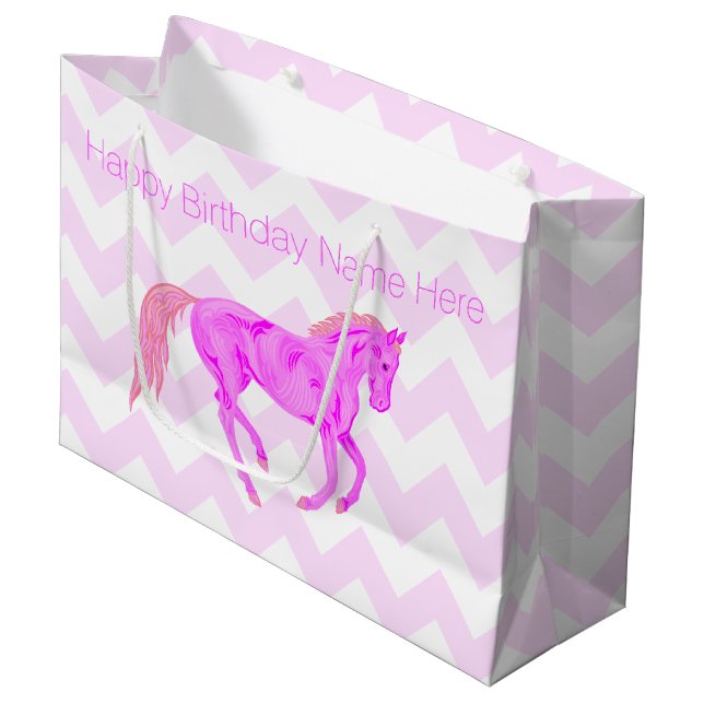 Rosa Pony-niedliches Zickzack Muster-alles Gute Große Geschenktüte (Vorderseite Schrägansicht)