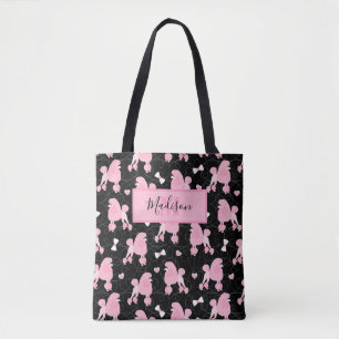 rosa Poodles und Bows Muster Schwarzer Name Monogr Tasche