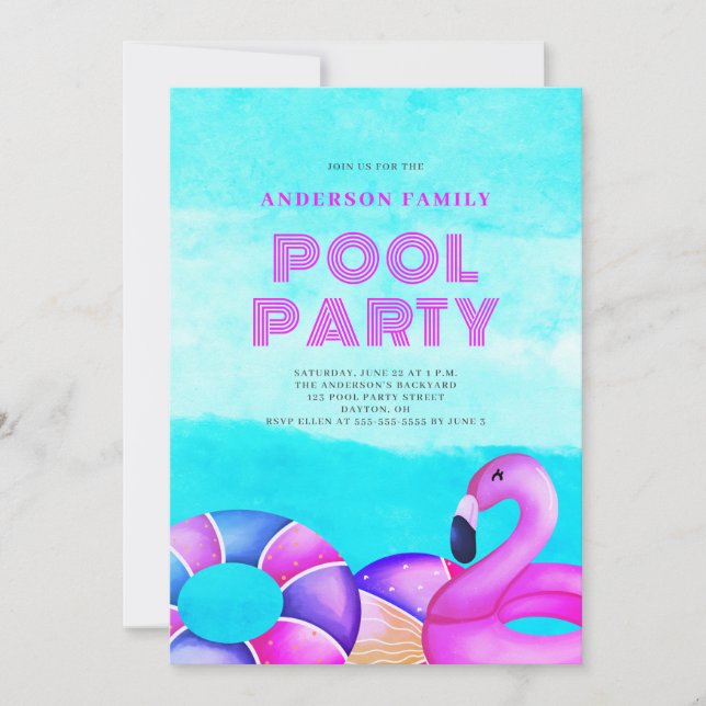Rosa Pool-Party Einladung (Vorderseite)