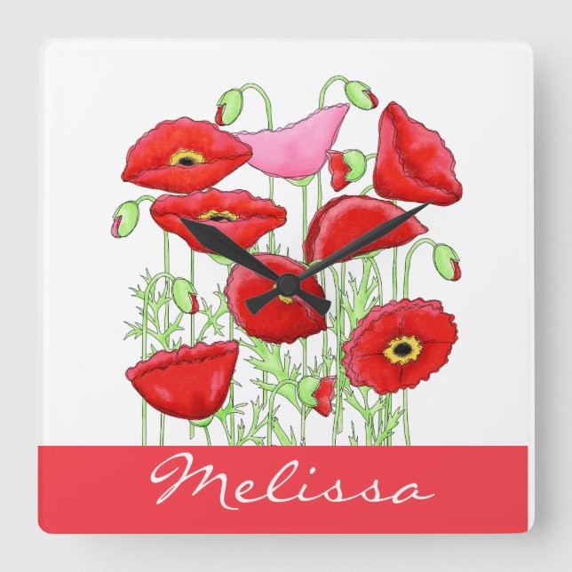 Rosa Poppies Art Individuelle Name Personalisiert Quadratische Wanduhr (Vorderseite)