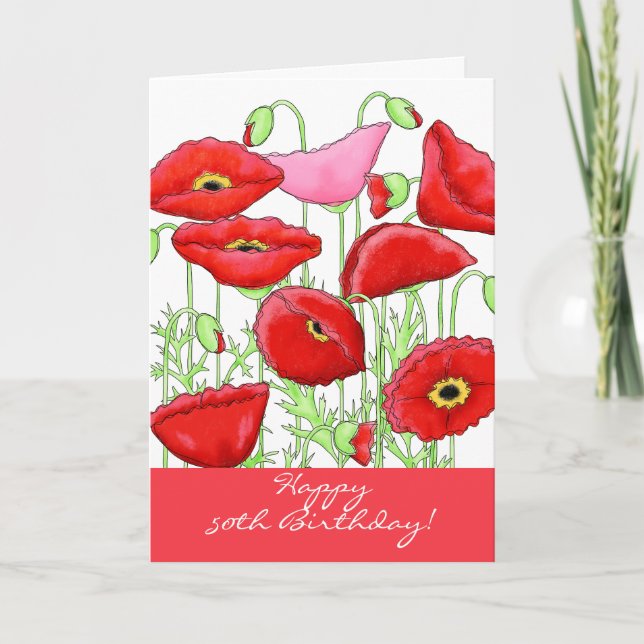Rosa Poppy Blume 50. Geburtstag Karte (Vorderseite)