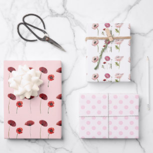 Rosa Poppy Blume und rosa Polka Dots Muster Geschenkpapier Set
