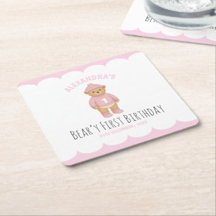 Rosa Preppy-Bär Beary Erster Geburtstag  Rechteckiger Pappuntersetzer