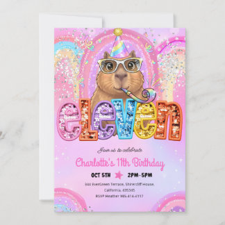 Rosa Preppy Capybara 11. Geburtstag Einladung