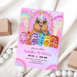 Rosa Preppy Capybara 11. Geburtstag Einladung