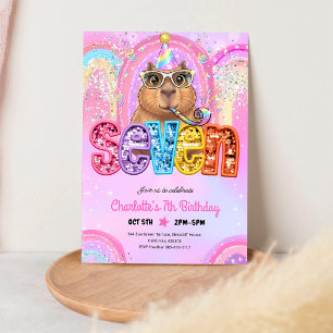 Rosa Preppy Capybara 7. Geburtstag Einladung