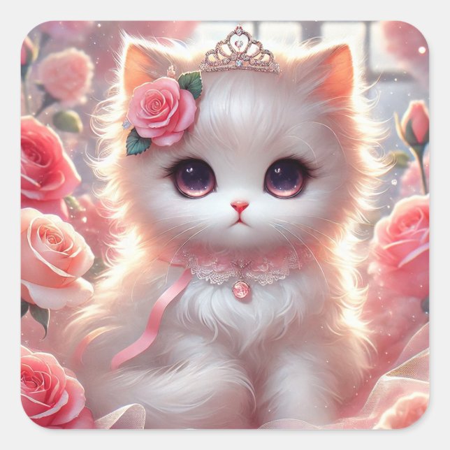 Rosa Princess Cat Quadratischer Aufkleber (Vorderseite)