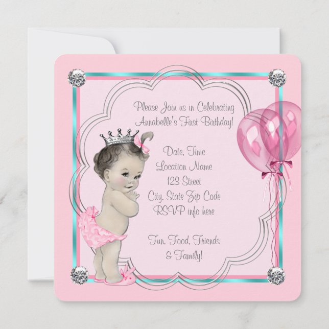 Rosa Prinzessin 1. Geburtstag Party Einladung (Rückseite)