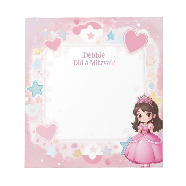 Rosa Prinzessin als Brünett Personalisiert Mitzvah Notizblock (Vorderseite)