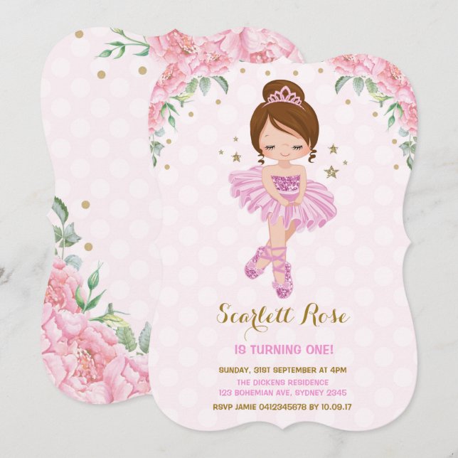 Rosa Prinzessin Ballerina Birthday Invite Tutu Par Einladung (Vorne/Hinten)