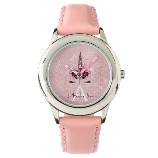 Rosa Prinzessin Einhorn Rose Gold Rosa Rosa Glitze Armbanduhr (Vorderseite)