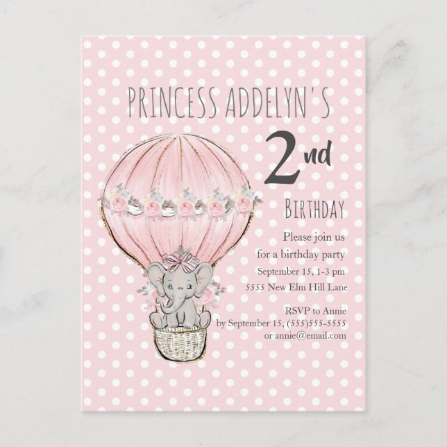 Rosa Prinzessin Elephant Ballon Punkte 2. Geburtst Einladungspostkarte (Vorderseite)