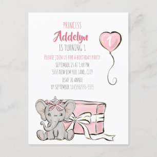 Rosa Prinzessin Elephant Child's 1. Geburtstag Par Einladungspostkarte