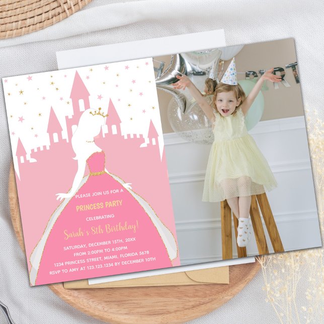Rosa Prinzessin Geburtstagsfeierlichkeiten mit Fot Einladung (Pink Princess Birthday Invitations with photo)