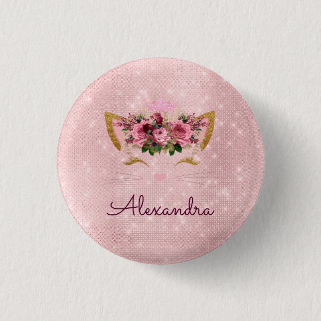 Rosa Prinzessin Kitty Rose Gold Rosa Rosa Glitzer Button (Vorderseite)